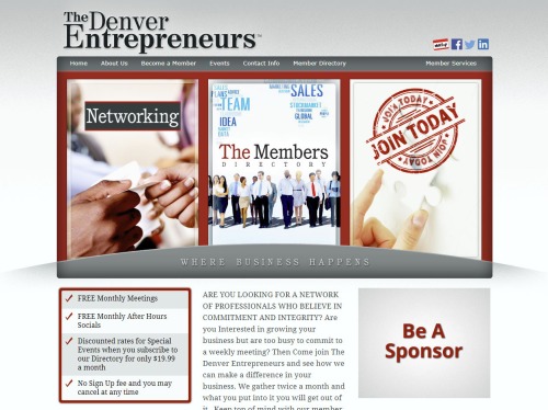 The Denver Entrepreneurs was a social networking organization for businesses around the Denver, Colorado metropolitan area. This unique membership website offered a platform whereby each member had their own web page they could manage and receive referrals and reviews from. The organization charged their registered members a subscription fee for this service. The service disbanded right around the time the COVID-19 pandemic started. The design direction we provided was to give this organization a unique feel. We received many accolades and compliments for the way the website worked.